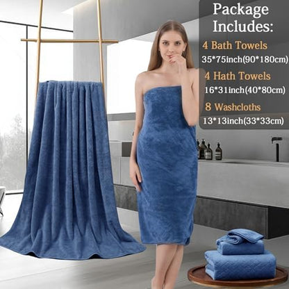 8-Piece Navy Bath Towels Set,2 Oversized Large Bath Towels Sheet,2 Hand Towels and 4 Washcloths - 600 GSM Soft Luxury Towel Set,Highly Absorbent Quick Dry Towel Collection for Bathroom,Hotel and Spa