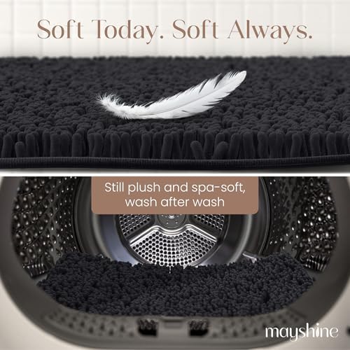 MAYSHINE Small Plush Shaggy Chenille Bath Mat 23"x14"| Extra Soft, Super Absorbent, Non-Slip Bathroom Rug | Fluffy Microfiber, Area Rug Sets for Bathroom Floor, Kitchen, Living Room |Black