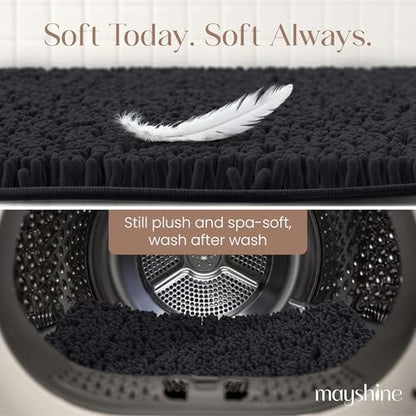 MAYSHINE Small Plush Shaggy Chenille Bath Mat 23"x14"| Extra Soft, Super Absorbent, Non-Slip Bathroom Rug | Fluffy Microfiber, Area Rug Sets for Bathroom Floor, Kitchen, Living Room |Black