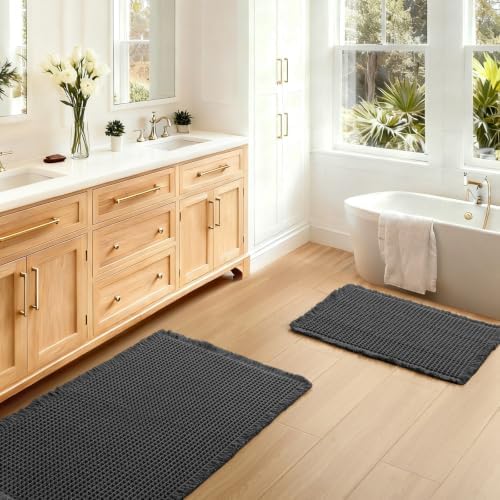JIUZHEN Set of 2 Waffle Bath Mats Boho Bath Rugs 16"x24"+18"x30", Black