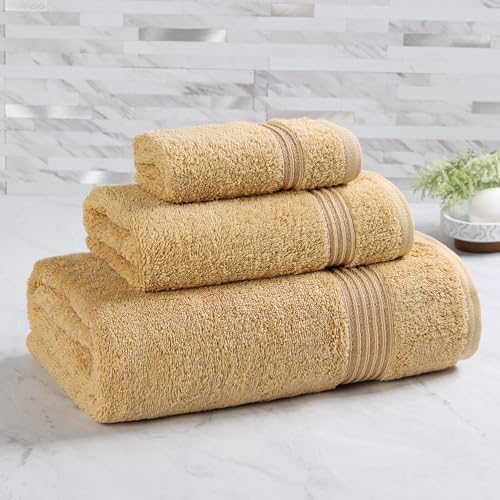 Superior Egyptian Cotton 3-Piece Towel Set, Basic Towels For Bathroom, Home Decor, Guest Bath, Shower, Apartment, Included 1 Face, 1 Hand, 1 Bath Towel, Washcloth, Quick Dry, Gold