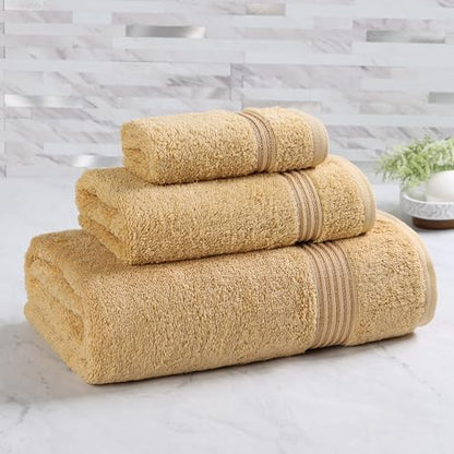 Superior Egyptian Cotton 3-Piece Towel Set, Basic Towels For Bathroom, Home Decor, Guest Bath, Shower, Apartment, Included 1 Face, 1 Hand, 1 Bath Towel, Washcloth, Quick Dry, Gold