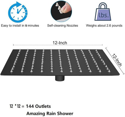 NearMoon Square Rain Shower Head With Extension Arm, Large Stainless Steel Rainfall Shower-Waterfall Full Body Coverage (12 Inch, Matte Black)