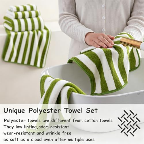 18 Pcs Green Stripe Bath Towel Set with Hanging Loop-6 Bath Towels,6 Hand Towels,6 Washcloths Soft Family Towels Set Bathroom Towel Highly Absorbent Quick Dry Shower Towel for Beach Spa Gym Hotel