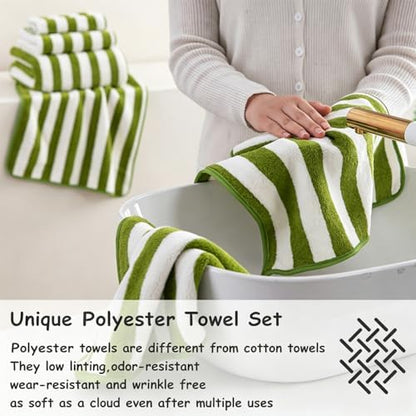 18 Pcs Green Stripe Bath Towel Set with Hanging Loop-6 Bath Towels,6 Hand Towels,6 Washcloths Soft Family Towels Set Bathroom Towel Highly Absorbent Quick Dry Shower Towel for Beach Spa Gym Hotel