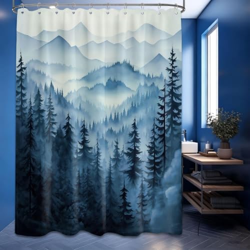 Navy Blue Forest Shower Curtain, 60X72 in, Mountain Rustic Pine Tree