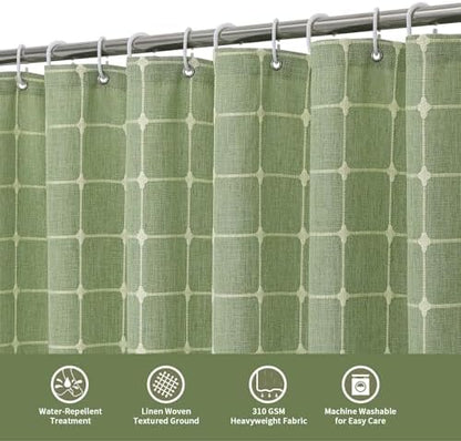 Boho Farmhouse Classic Plaid Linen Tassel Shower Curtain Sage Green,72x84