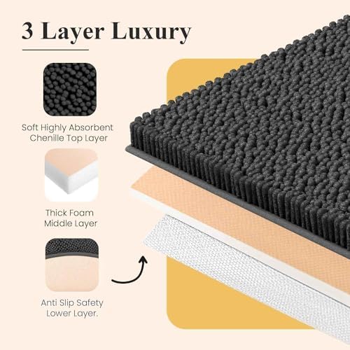 MAYSHINE Plush Shaggy Chenille Bath Mat | Extra Soft, Super Absorbent, Non-Slip Bathroom Rug | Fluffy Microfiber, Area Rug Sets for Bathroom Floor, Kitchen, Living Room | 24"x17" | Shale Grey