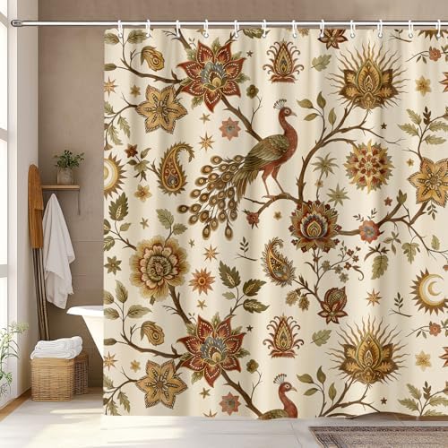 Boho Chic Beige Floral Shower Curtain, Vintage Rustic Antique Victorian Peacock Paisley Farmhouse Shower Curtain Set, Witchy Aesthetic Retro Bath Curtains Bathroom Accessories with Hooks,72X72 Cream