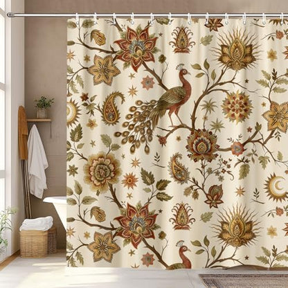 Boho Chic Beige Floral Shower Curtain, Vintage Rustic Antique Victorian Peacock Paisley Farmhouse Shower Curtain Set, Witchy Aesthetic Retro Bath Curtains Bathroom Accessories with Hooks,72X72 Cream