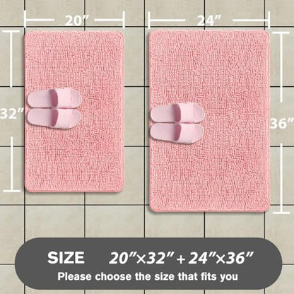 Pink Bathroom Rugs Sets 2 Piece – Absorbent and Washable Bath Mat, Non-Slip, Thick Soft Chenille Bath Rugs for Bathroom Floor, Shower, Sink - 20" x 32"+24" x 36"