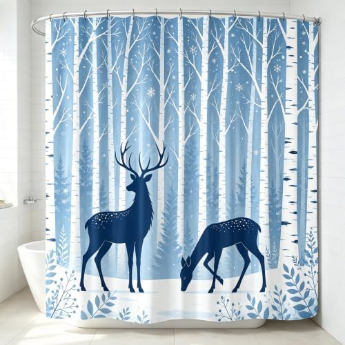 Deer Birch Tree Shower Curtain Winter Woodland Forest Bath Curtain 72x72in