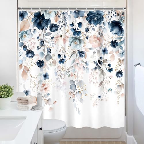 Blue Floral Flower Shower Curtain Cute Navy Flower Pastel Shower Curtain