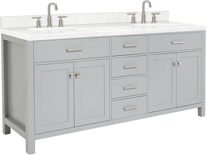 ARIEL Bristol 72-inch Bathroom Vanity with Sink,Solid Wood, 1.5-inch Carrara White Quartz Countertop & Backsplash, Double Rectangular Porcelain Sink, 4 Soft Closing Doors, 4 Dovetail Drawers, Grey