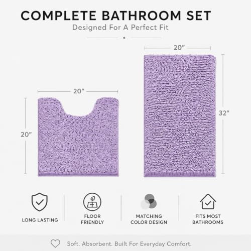 Bathroom Rugs Sets 2 Piece,Super Absorbent Soft,Thick,Machine Washable Chenille Bath Mat,Non Slip Toilet Floor Rug,Bath Mats for Bathroom,20x32 Plus 20x20 U Shape,Lavender Purple