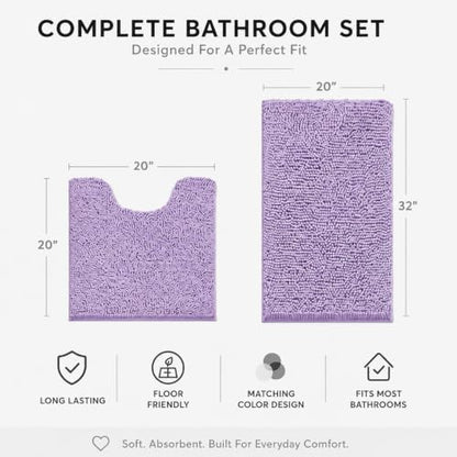 Bathroom Rugs Sets 2 Piece,Super Absorbent Soft,Thick,Machine Washable Chenille Bath Mat,Non Slip Toilet Floor Rug,Bath Mats for Bathroom,20x32 Plus 20x20 U Shape,Lavender Purple