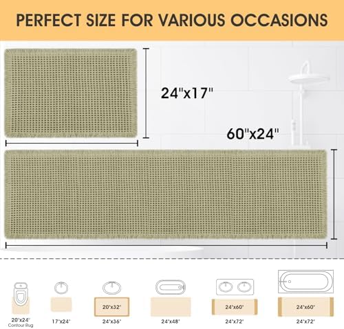 IM HOME Waffle Bath Mat Set Green 2 Piece, Woven Modern Bath Rug Mats, Absorbent Non Slip Bath Floor Mat, Soft Washable Boho Bath Rugs with Tassels for Bathroom, Bedroom, Kitchen,Tub
