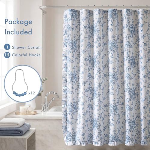 Madison Park Adele Floral Ruffle Shower Curtain Set, Blue, 72x72