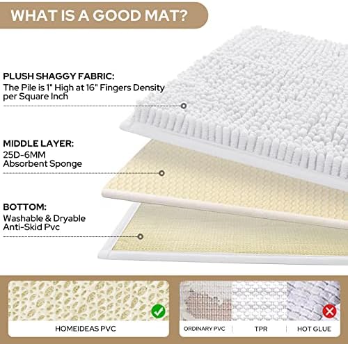 HOMEIDEAS White Chenille Bathroom Rugs Set of 3, Non Slip Bath Mat