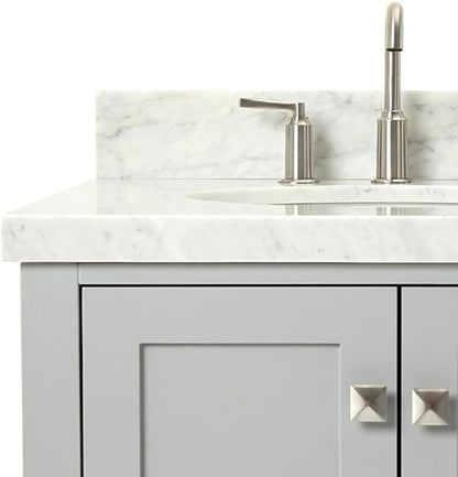 ARIEL Cambridge 36-inch Bathroom Vanity with Sink,Solid Wood, 1.5-inch Italian Carrara Marble Countertop & Backsplash, Single Oval Porcelain Sink, 2 Soft Closing Doors, 5 Dovetail Drawers, Grey