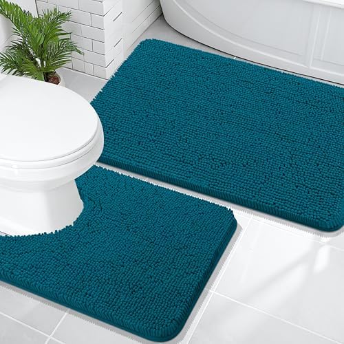 OLANLY Chenille Bathroom Rugs Sets 2 Piece, 36"x24"+24"x20", Peacock Blue