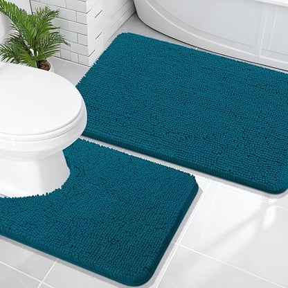 OLANLY Chenille Bathroom Rugs Sets 2 Piece, 36"x24"+24"x20", Peacock Blue