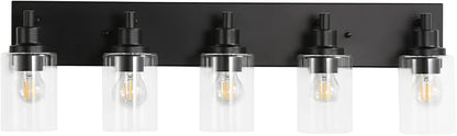 LOUSACE 5 Light Bathroom Vanity Light, Matte Black Bathroom Light Fixtures Over Mirror, Modern Bathroom Lighting with Clear Glass Shade, Black Farmhouse Wall Sconces Lighting Fixture for Bedroom