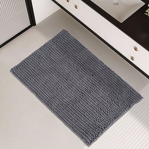 FRESHMINT Chenille Bathroom Rugs Non-Slip Bath Mat 32”x20”, Washable Soft Shower Mat, for Bathroom Floor & Tub Fluffy Shag Bath Rugs, Durable Thick Water Absorbent Microfiber Shower Rugs, Gray