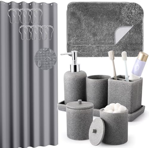 XLHOMO Gray Bathroom Accessory Set with Shower Curtain and Rugs, Resin