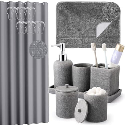 XLHOMO Gray Bathroom Accessory Set with Shower Curtain and Rugs, Resin