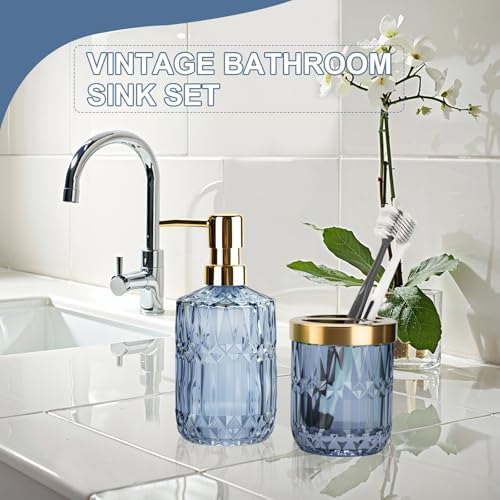 Glass Bathroom Toothbrush Holder and Soap Dispenser Set, Blue