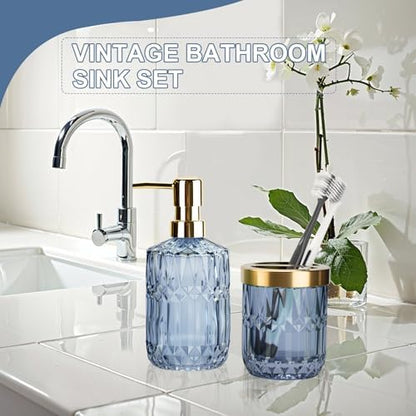 Glass Bathroom Toothbrush Holder and Soap Dispenser Set, Blue