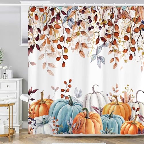 Fall Pumpkin Shower Curtain, Thanksgiving Autumn Harvest Leaves Watercolor Seasonal Decor Bathroom Curtains, Waterproof Fabric Polyester with Hooks, 72x72 Inch