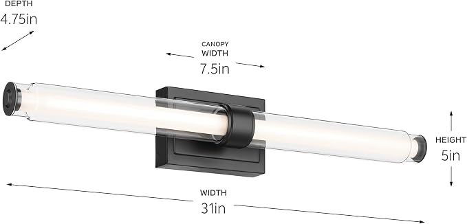 Kichler Laurene LED Bath Bar Light, Black | Linear vanity light with clear glass for mirrors and vanities (31" x 5" x 4.75"), 55239BKLED