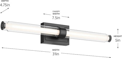Kichler Laurene LED Bath Bar Light, Black | Linear vanity light with clear glass for mirrors and vanities (31" x 5" x 4.75"), 55239BKLED