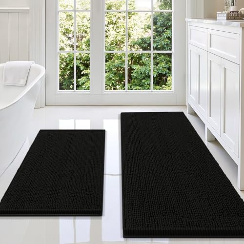 Smiry Chenille Bathroom Rugs Sets 2 Piece (59x20+30x20, Black)