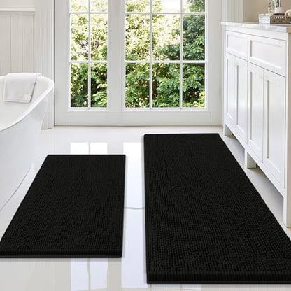 Smiry Chenille Bathroom Rugs Sets 2 Piece (59x20+30x20, Black)
