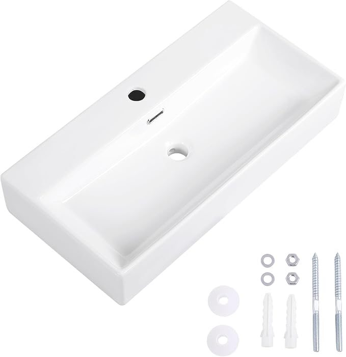 Wall Mount Bathroom Sink 28"x14" Small Vessel Sink Wall Mounted Rectangular Wall Hung Mini White Porcelain Ceramic Floating Tiny Sink with Overflow, Durable, Space-Saving, Ideal for Home,RV