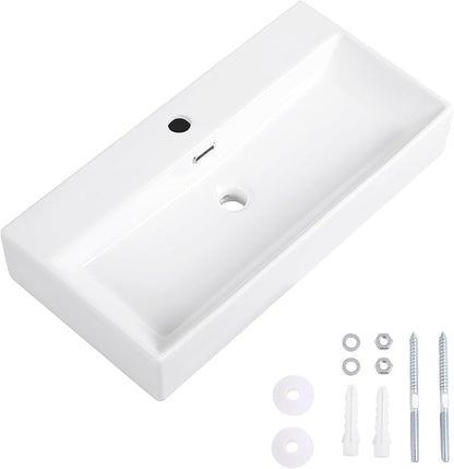 Wall Mount Bathroom Sink 28"x14" Small Vessel Sink Wall Mounted Rectangular Wall Hung Mini White Porcelain Ceramic Floating Tiny Sink with Overflow, Durable, Space-Saving, Ideal for Home,RV
