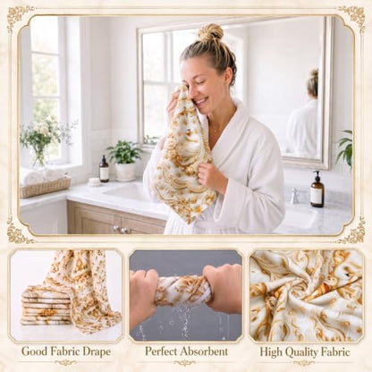 FuWeave 8 Pcs Gold Crown Swan Shower Curtain Set for Bathroom Include 3D Luxury Floral Swan Relief Pearl Shower Curtain Towels Non Slip Rugs Toilet Lid Cover Bath Mat and 12 Hooks for Bathroom Decor