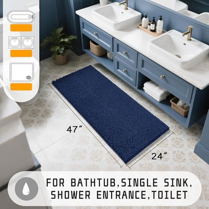 Yimobra Long Bathroom Rugs 47"x24", Extra Soft Non Slip Bath Mat for Tub, Super Absorbent Quick Dry Shaggy Rug Floor Carpet, Machine Washable,Navy Blue