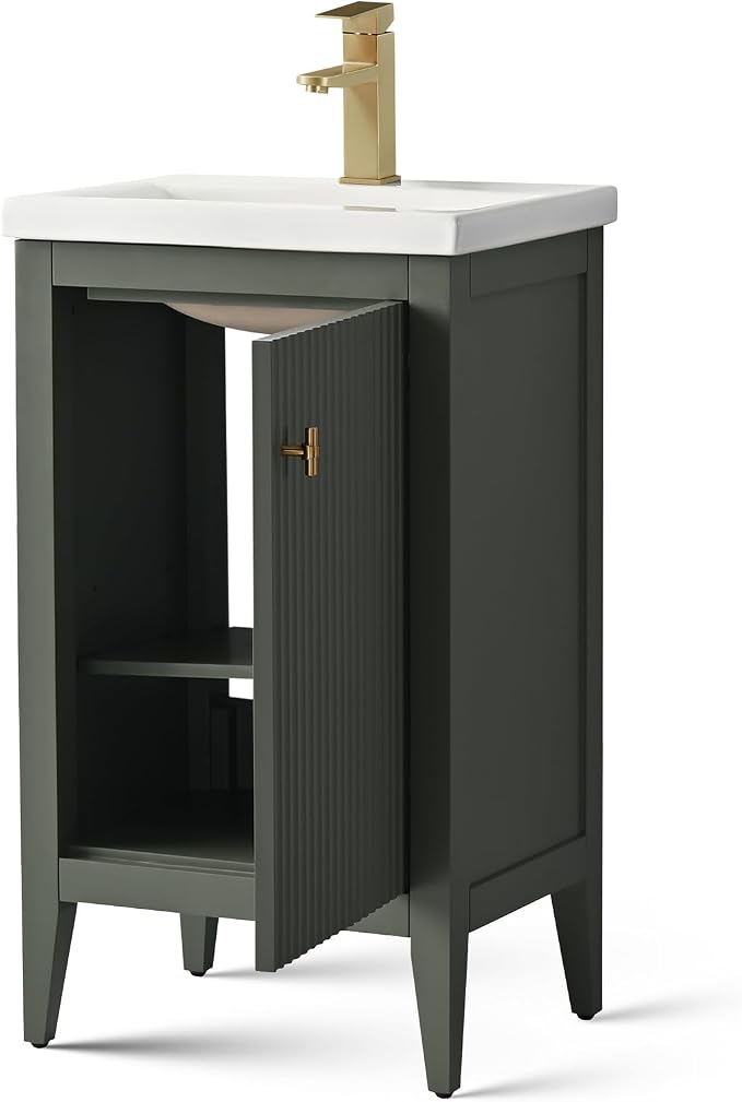 Vanity Art 20 inch Bathroom Vanity with Single Sink & Ceramic Top, Vanity Cabinet with Soft-Closing Door, Solid Wood Frame, Linear Pattern, Vintage Green, VA9120-VG-MB,Matte Black Handles