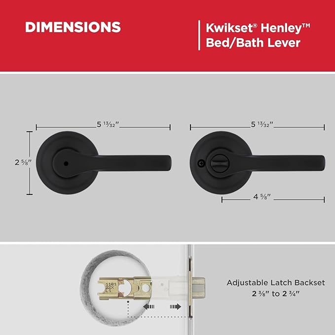 Kwikset Henley Interior Privacy Door Handle with Lock, Door Lever for Bathroom and Bedroom, Matte Black Reversible Keyless Turn Lock, with Microban Protection (Pack of 4)