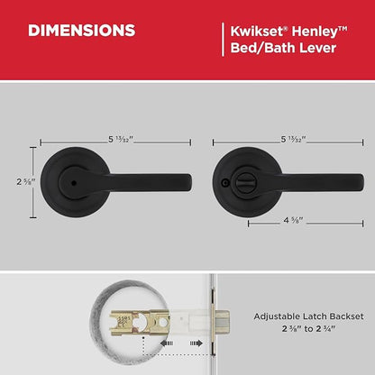Kwikset Henley Interior Privacy Door Handle with Lock, Door Lever for Bathroom and Bedroom, Matte Black Reversible Keyless Turn Lock, with Microban Protection (Pack of 4)