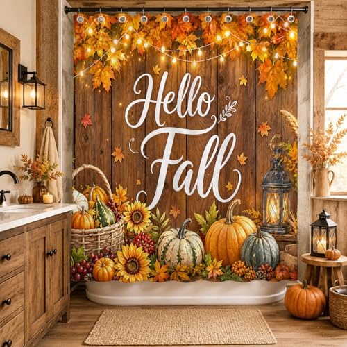 Fall Shower Curtain, Autumn Pumpkin Maple Leaves Sunflower Harvest Bathroom Curtain, Farmhouse Rustic Country Wood Waterproof Polyester Fabric Shower Curtain with Hooks, 72x72 Inch