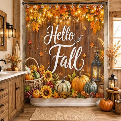 Fall Shower Curtain, Autumn Pumpkin Maple Leaves Sunflower Harvest Bathroom Curtain, Farmhouse Rustic Country Wood Waterproof Polyester Fabric Shower Curtain with Hooks, 72x72 Inch
