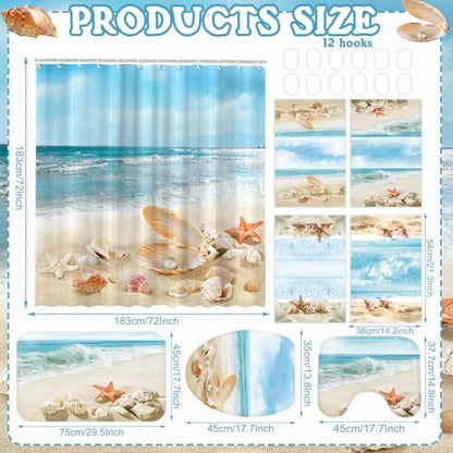 FuWeave 8 Pcs Coastal Shower Curtain Set Ocean Beach Bathroom Decor