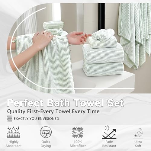 8-Piece Premium Towel Set for Bathroom|2 Oversized Large Bath Sheet,2 Hand Towels,4 Washcloths|Soft Cozy Highly Absorbent Fast Dry Microfiber Shower Towel Set for Hotel Bathroom Essentials,Green White