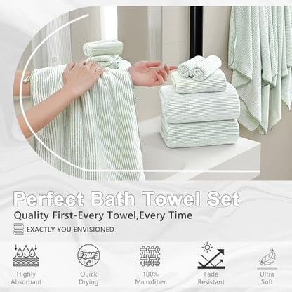 8-Piece Premium Towel Set for Bathroom|2 Oversized Large Bath Sheet,2 Hand Towels,4 Washcloths|Soft Cozy Highly Absorbent Fast Dry Microfiber Shower Towel Set for Hotel Bathroom Essentials,Green White