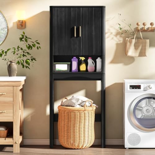 Vabches Farmhouse Over the Toilet Storage Cabinet with 2 Fluted Doors,Black